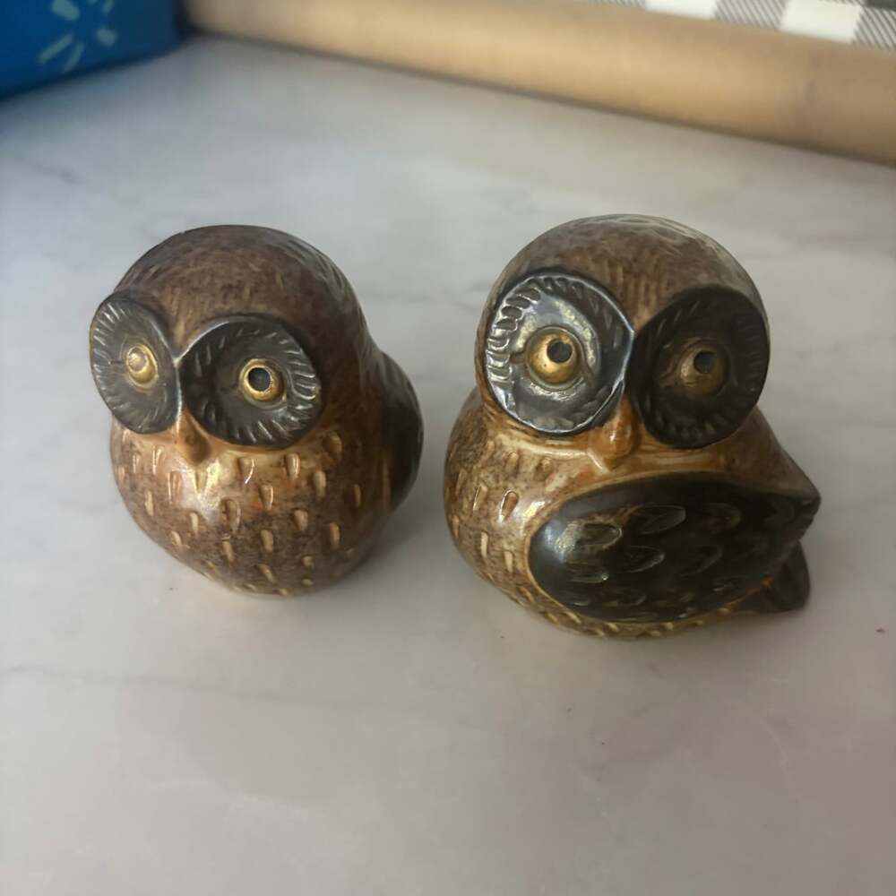 Vintage Ceramic Owl Figurines Pair Brown Gold Mid Century Style Japan